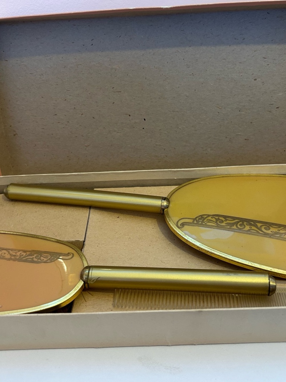 Vintage Gold Hand Mirror and Brush Set - Yellow Mirrors